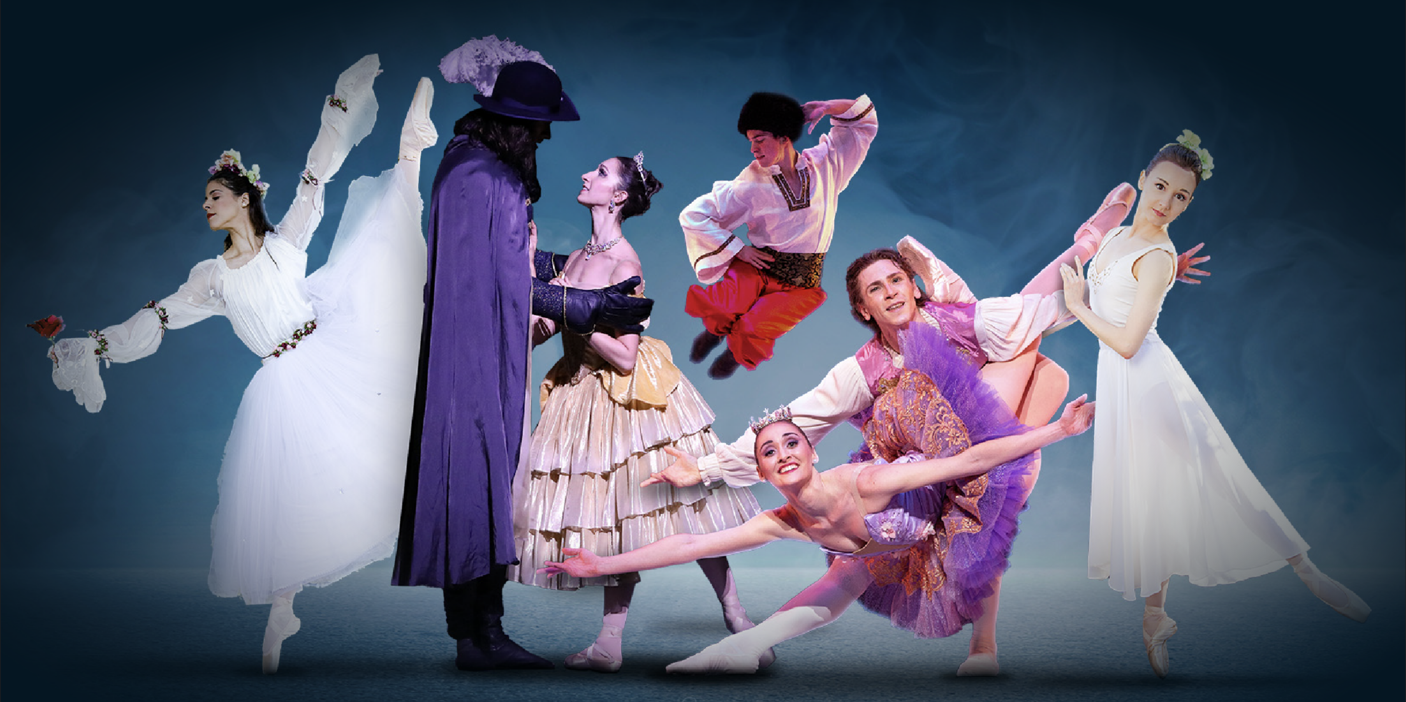The image is a collage of ballet dancers from the shows that will be in the Ballet San Antonio season this year.